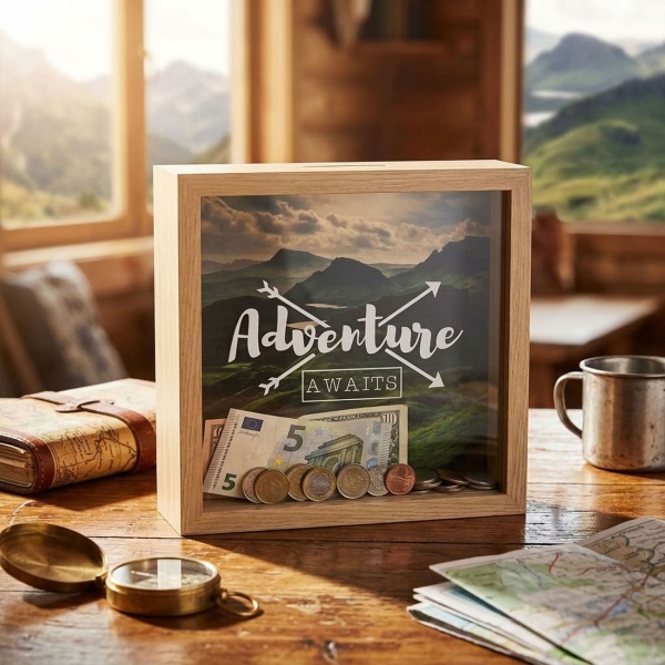 Reise-Spardose ’Adventure awaits’ aus Holz - Spardose für Geldgeschenk zu Hochzeit Geburtstag Abitur Weltreise - Modernes Design aus MDF/Kunststoff