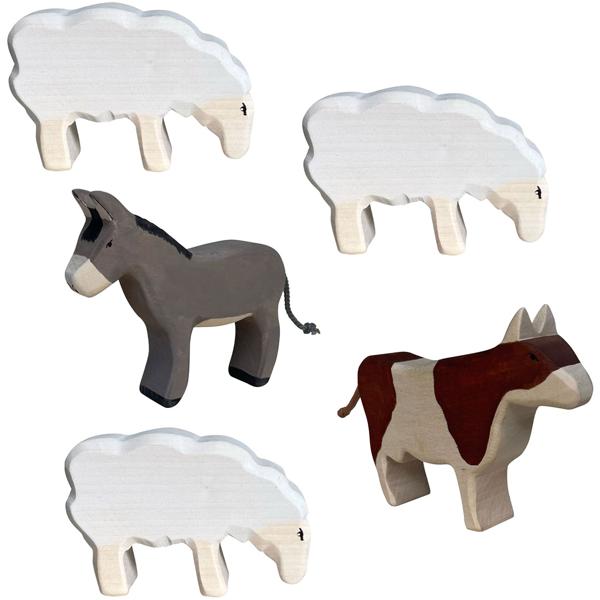 Weihnachtskrippe Tier-Set - Holzfiguren Handgefertigt - 3 Schafe, Ochse, Esel - Nachhaltig, Bio-Öl, Sichere Materialien - Für Krippenszene, Kinder