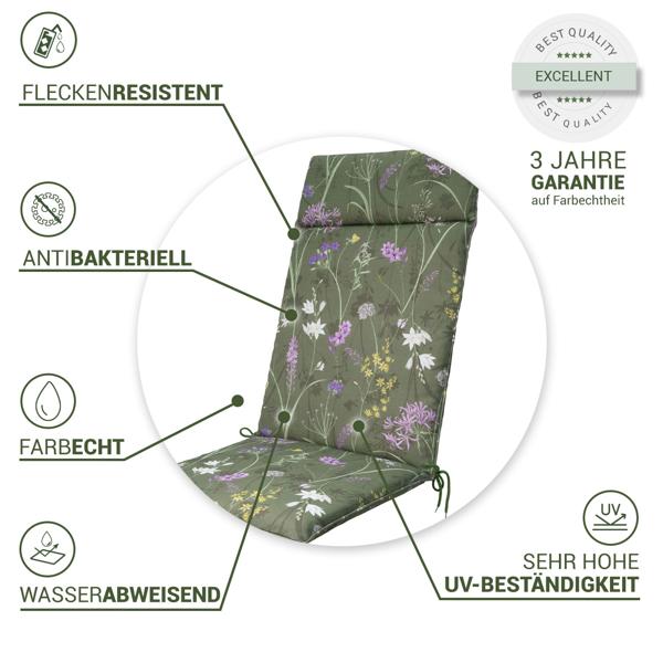 2er-Set Luxuriöse Hochlehner-Auflage, Gartenstuhlkissen wasserabweisend, Blumenmuster grün, 120 x 50 cm, weich & komfortabel für optimale Entspannung