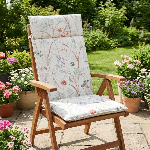Luxuriöse Hochlehner-Auflage, Gartenstuhlkissen wasserabweisend, Blumenmuster weiss, 120 x 50 cm, weich & komfortabel für optimale Entspannung