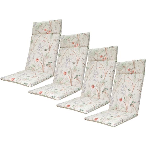 4er-Set Luxuriöse Hochlehner-Auflage, Gartenstuhlkissen wasserabweisend, Blumenmuster weiss, 120 x 50 cm, weich & komfortabel für optimale Entspannung