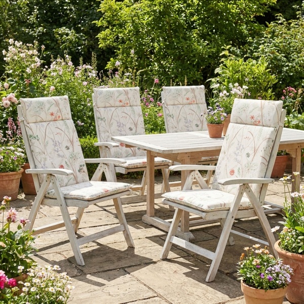 4er-Set Luxuriöse Hochlehner-Auflage, Gartenstuhlkissen wasserabweisend, Blumenmuster weiss, 120 x 50 cm, weich & komfortabel für optimale Entspannung