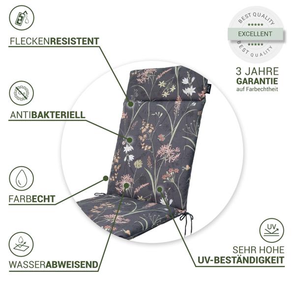 2er-Set Luxuriöse Hochlehner-Auflage, Gartenstuhlkissen wasserabweisend, Blumenmuster anthrazit, 120 x 50 cm, weich & komfortabel für optimale Entspannung