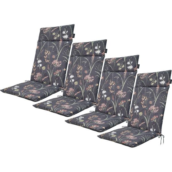 4er-Set Luxuriöse Hochlehner-Auflage, Gartenstuhlkissen wasserabweisend, Blumenmuster anthrazit, 120 x 50 cm, weich & komfortabel für optimale Entspannung