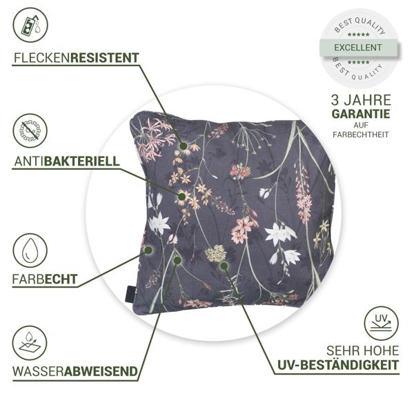 2er-Set Bequemes Deko-Kissen Outdoor, Blumenmuster anthrazit, 50 x 50 x 10 cm, wetterfest, wasserabweisend & stilvoll für Garten, Terrasse & Balkon