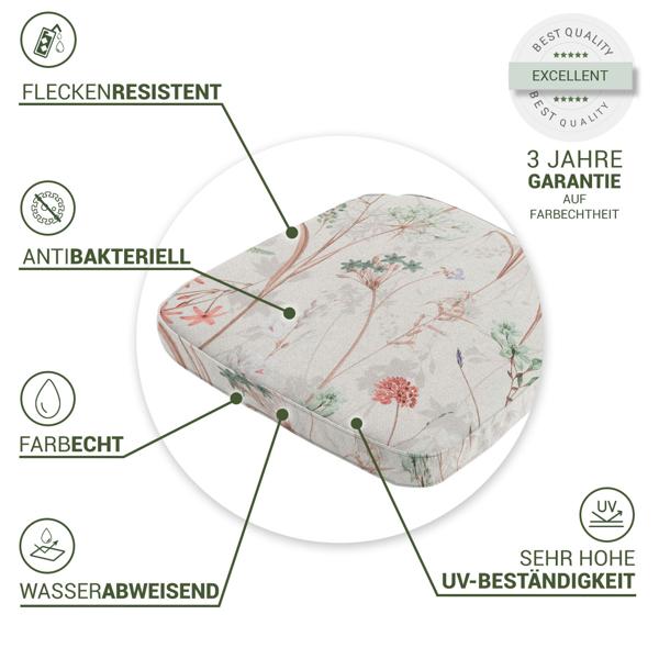4er-Set Bequemes Stuhlkissen Outdoor, Blumenmuster weiss, 48 x 48 cm, wetterfestes & wasserabweisend Sitzkissen, stilvoll für Garten, Terrasse & Balkon