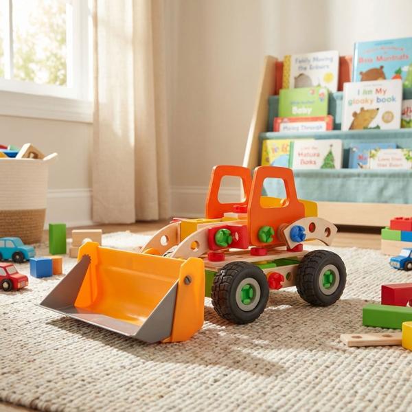 Kreatives Lernspielzeug 140tlg. 6 Fahrzeug-Modelle: Radlader, Baggerlader, Schreitbagger, Kompaktlader, Unimog & Bigfoot - Selberbauen, FSC 100% 