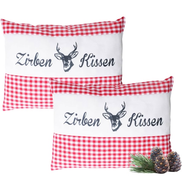 2er-Set Zirbenkissen Vichy Rot 26x19 cm, gefüllt mit 220g Natur Zirbenspäne, 100% Bio-Baumwolle Bezug, Aromatherapie Schlafkissen aus Deutschland