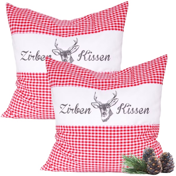 2er-Set Zirbenkissen Vichy Rot 30x30 cm, gefüllt mit 350g Natur Zirbenspäne, 100% Bio-Baumwolle Bezug, Aromatherapie Schlafkissen aus Deutschland