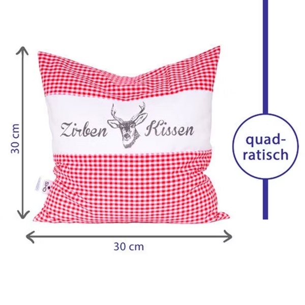 2er-Set Zirbenkissen Vichy Rot 30x30 cm, gefüllt mit 350g Natur Zirbenspäne, 100% Bio-Baumwolle Bezug, Aromatherapie Schlafkissen aus Deutschland