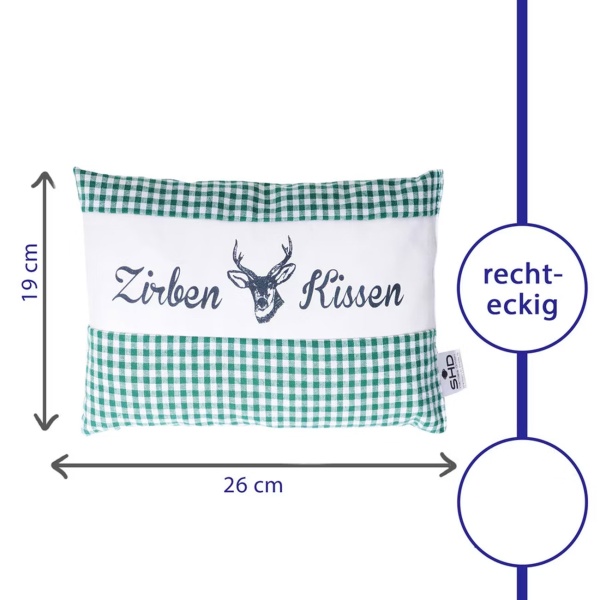 Zirbenkissen Vichy Grün 26x19 cm, gefüllt mit 220g Natur Zirbenspäne, 100% Bio-Baumwolle Bezug, Aromatherapie Schlafkissen aus Deutschland