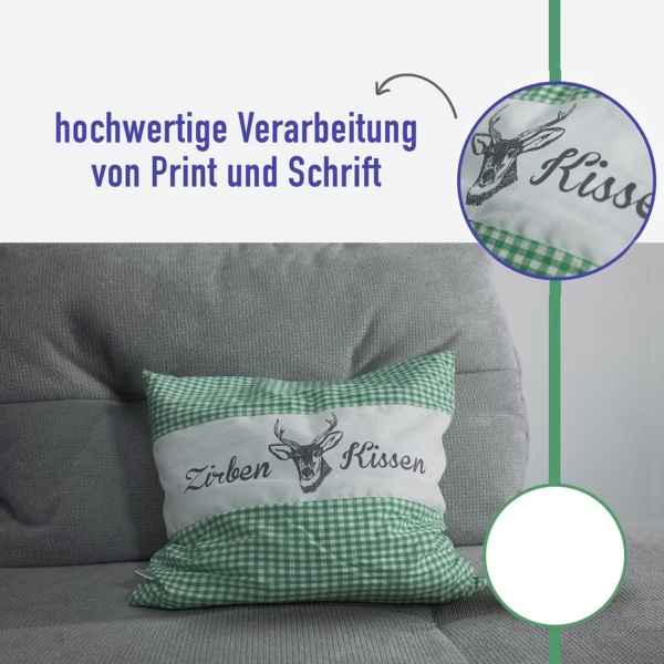 2er-Set Zirbenkissen Vichy Grün 26x19 cm, gefüllt mit 220g Natur Zirbenspäne, 100% Bio-Baumwolle Bezug, Aromatherapie Schlafkissen aus Deutschland