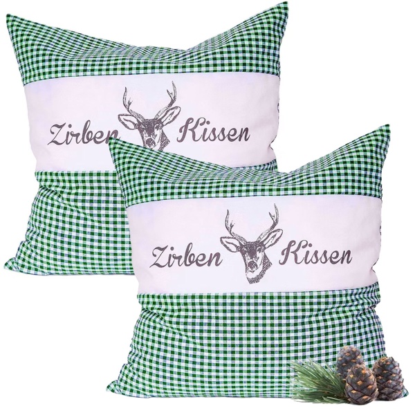 2er-Set Zirbenkissen Vichy Grün 40x40 cm, gefüllt mit 450g Natur Zirbenspäne, 100% Bio-Baumwolle Bezug, Aromatherapie Schlafkissen aus Deutschland