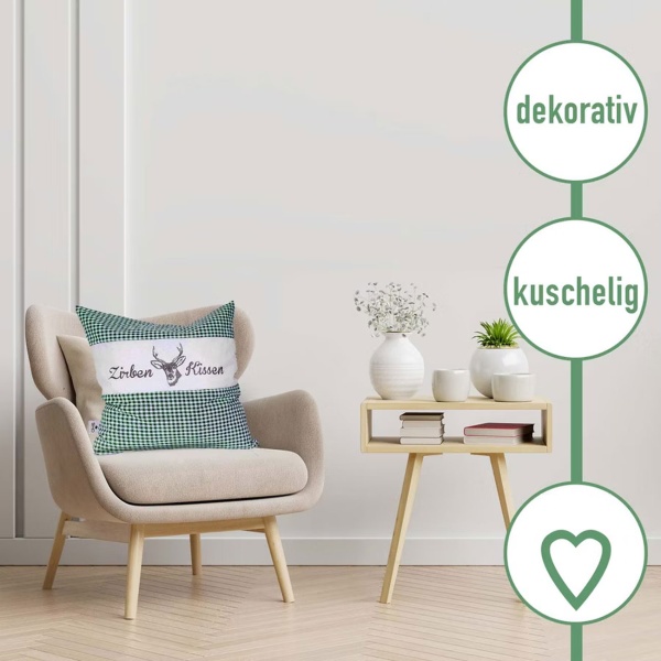 2er-Set Zirbenkissen Vichy Grün 40x40 cm, gefüllt mit 450g Natur Zirbenspäne, 100% Bio-Baumwolle Bezug, Aromatherapie Schlafkissen aus Deutschland