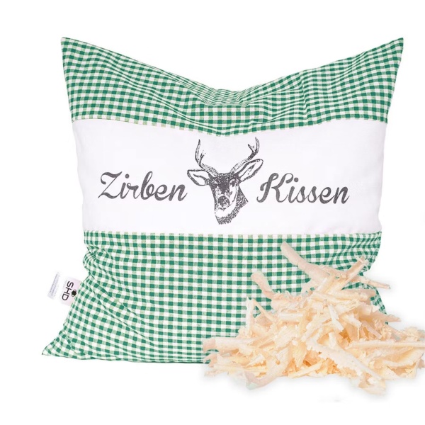 2er-Set Zirbenkissen Vichy Grün 40x40 cm, gefüllt mit 450g Natur Zirbenspäne, 100% Bio-Baumwolle Bezug, Aromatherapie Schlafkissen aus Deutschland