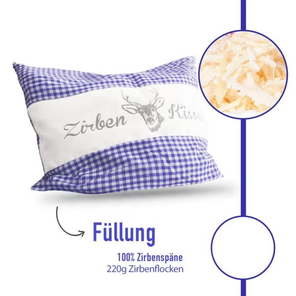 2er-Set Zirbenkissen Vichy Blau 26x19 cm, gefüllt mit 220g Natur Zirbenspäne, 100% Bio-Baumwolle Bezug, Aromatherapie Schlafkissen aus Deutschland