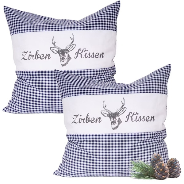 2er-Set Zirbenkissen Vichy Blau 30x30 cm, gefüllt mit 350g Natur Zirbenspäne, 100% Bio-Baumwolle Bezug, Aromatherapie Schlafkissen aus Deutschland