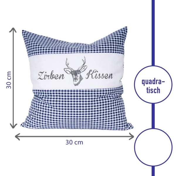 2er-Set Zirbenkissen Vichy Blau 30x30 cm, gefüllt mit 350g Natur Zirbenspäne, 100% Bio-Baumwolle Bezug, Aromatherapie Schlafkissen aus Deutschland