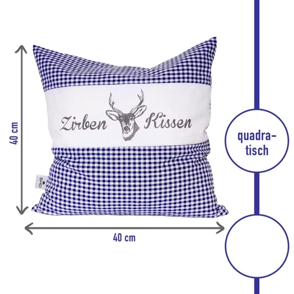 Zirbenkissen Vichy Blau 40x40 cm, gefüllt mit 450g Natur Zirbenspäne, 100% Bio-Baumwolle Bezug, Aromatherapie Schlafkissen aus Deutschland