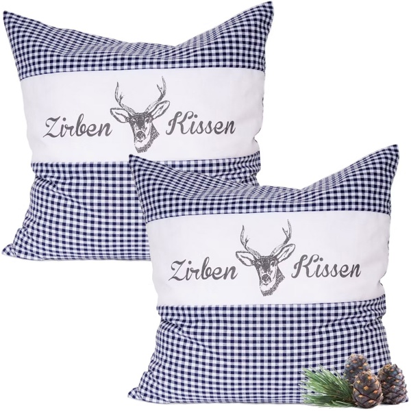 2er-Set Zirbenkissen Vichy Blau 40x40 cm, gefüllt mit 450g Natur Zirbenspäne, 100% Bio-Baumwolle Bezug, Aromatherapie Schlafkissen aus Deutschland