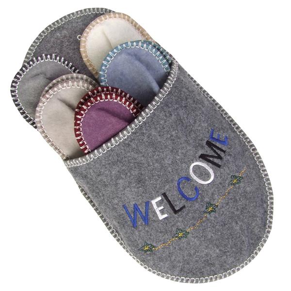 Wohlfühl Gästefinken-Set – 5 Paar bequeme Hausschuhe mit "Welcome"-Aufdruck, in diversen Farben, weich, rutschfest & hygienisch für Besucher & Gäste