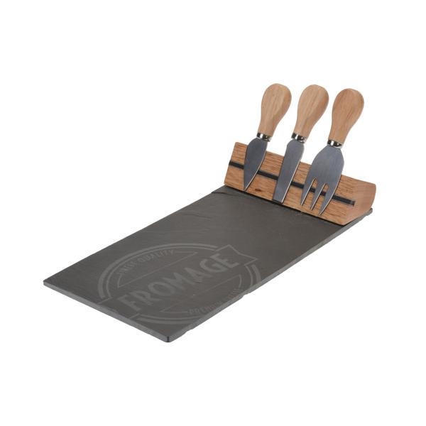 Schiefer Käsebrett Set mit integrierter Halterung für Käsebesteck - Edle Servierplatte aus Schieferstein für Käse, Snacks & Tapas