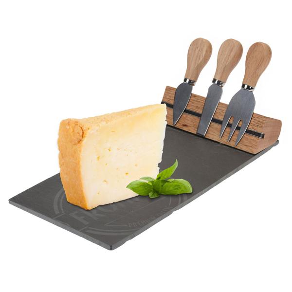 Schiefer Käsebrett Set mit integrierter Halterung für Käsebesteck - Edle Servierplatte aus Schieferstein für Käse, Snacks & Tapas