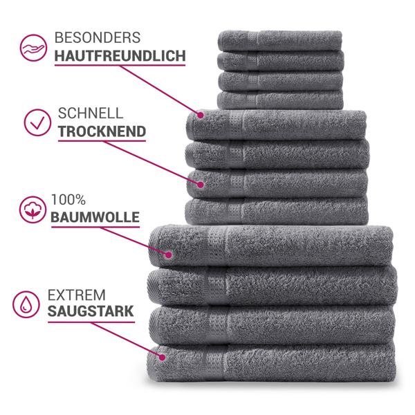 4er-Set Gästetücher - luxuriöse 100% Baumwolle, 30x50 cm, Anthrazit - kuschelweich, saugstark, 2 Bordüren - hautfreundlich, waschbar 60°