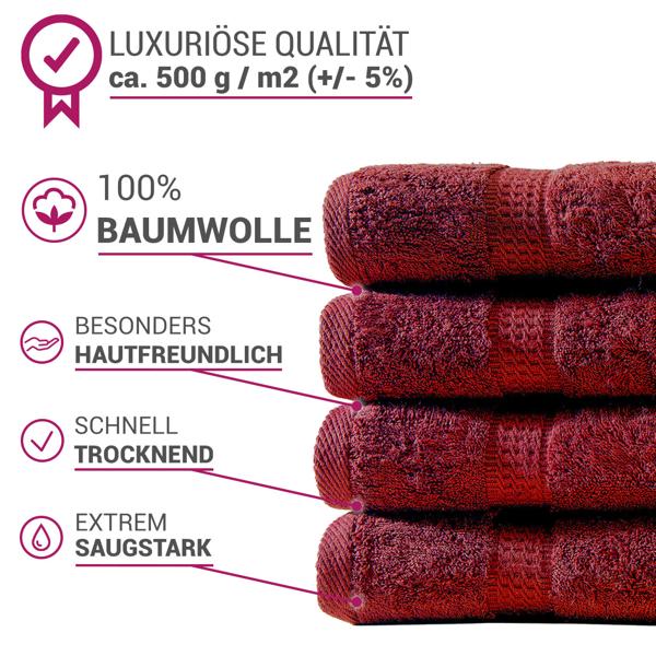 4er-Set Gästetücher 30x50 cm - Luxuriöse 100% Baumwolle - Kuschelweich, saugstark, schnelltrocknend - Mit 2 Bordüren, bordeauxrot - waschbar 60°, trocknergeeignet
