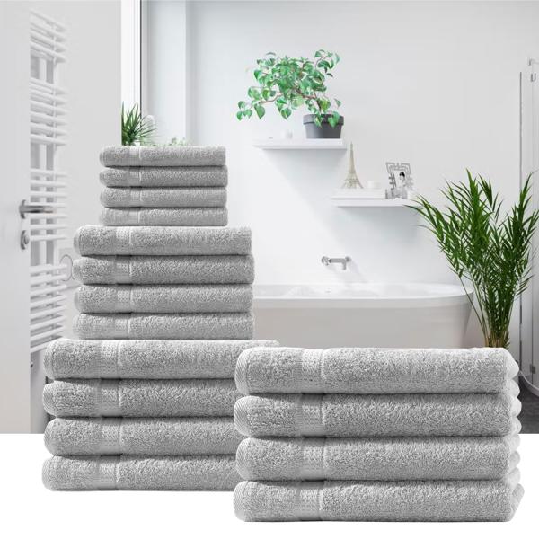 Handtuchset 24-teilig - Luxuriöse 100% Baumwolle, 500 g/m², silber - 8 Gäste-, 8 Hand-, 8 Duschtücher (50x30/100x50/140x70cm) - Flauschig & saugstark