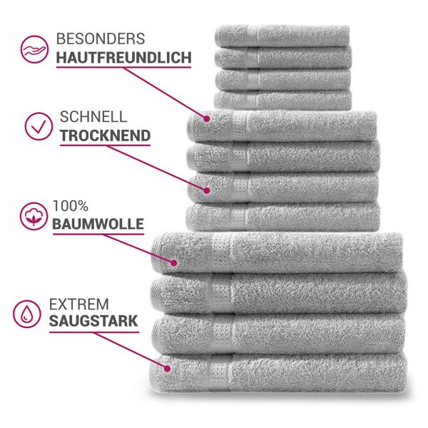 Handtuchset 24-teilig - Luxuriöse 100% Baumwolle, 500 g/m², silber - 8 Gäste-, 8 Hand-, 8 Duschtücher (50x30/100x50/140x70cm) - Flauschig & saugstark