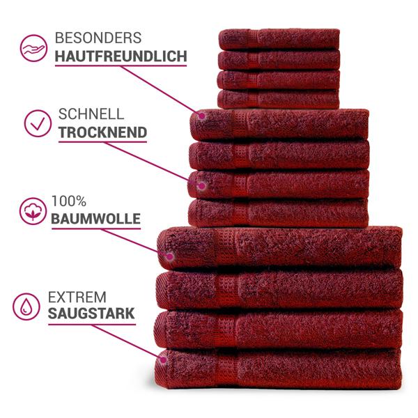 24-teiliges Handtuchset Bordeaux - Kuschelweiche 100% Baumwolle - Saugstark, schnelltrocknend - Inkl. 8 Gäste-, Hand- & Badetücher mit Bordüren, 500 g/m²