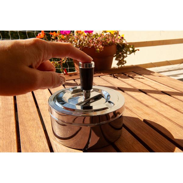 Aschenbecher Metall - Mit Drehfunktion schliesst Asche & Gerüche ein - Verchromt, Ø 11 cm, Silber - Ideal für Innen- & Aussenbereich - Elegantes Design