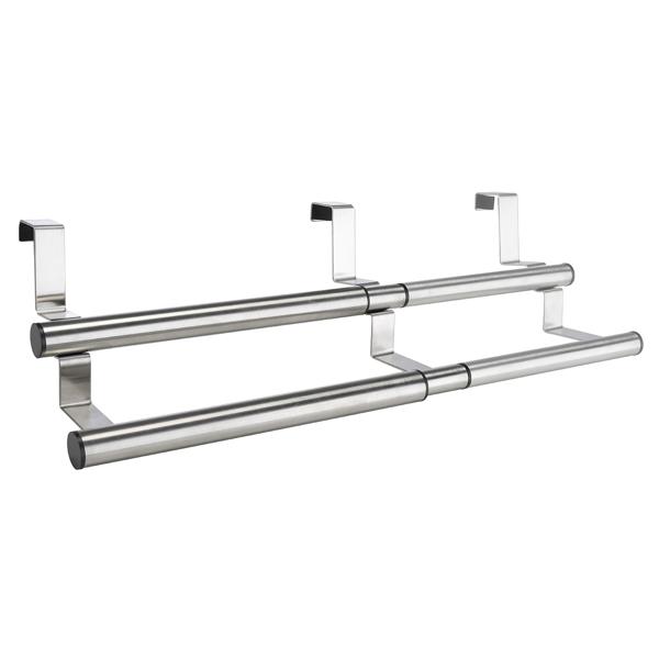 Handtuchhalter Edelstahl ausziehbar 25-40 cm - An Schranktüren ohne Bohren - Kratzschutz - 2 Stangen für Geschirr-, Hand- & Gästetücher - Küche/Bad