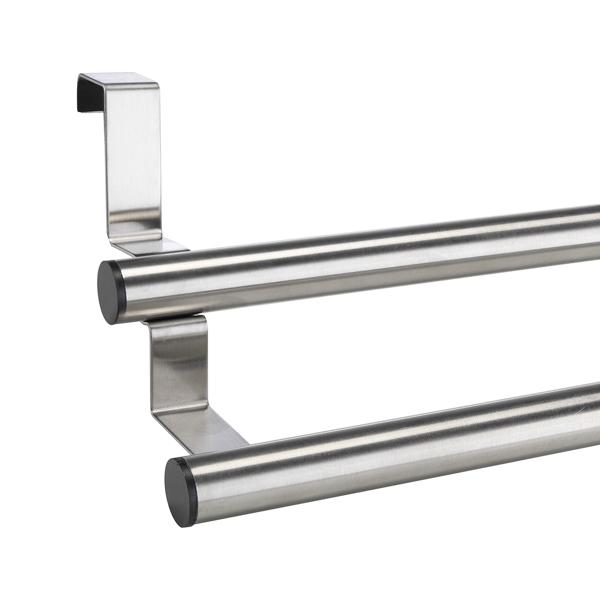 Handtuchhalter Edelstahl ausziehbar 25-40 cm - An Schranktüren ohne Bohren - Kratzschutz - 2 Stangen für Geschirr-, Hand- & Gästetücher - Küche/Bad