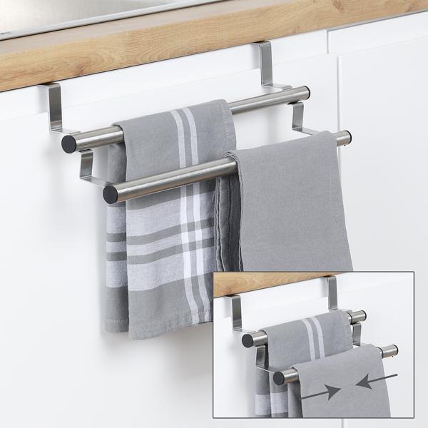 Handtuchhalter Edelstahl ausziehbar 25-40 cm - An Schranktüren ohne Bohren - Kratzschutz - 2 Stangen für Geschirr-, Hand- & Gästetücher - Küche/Bad