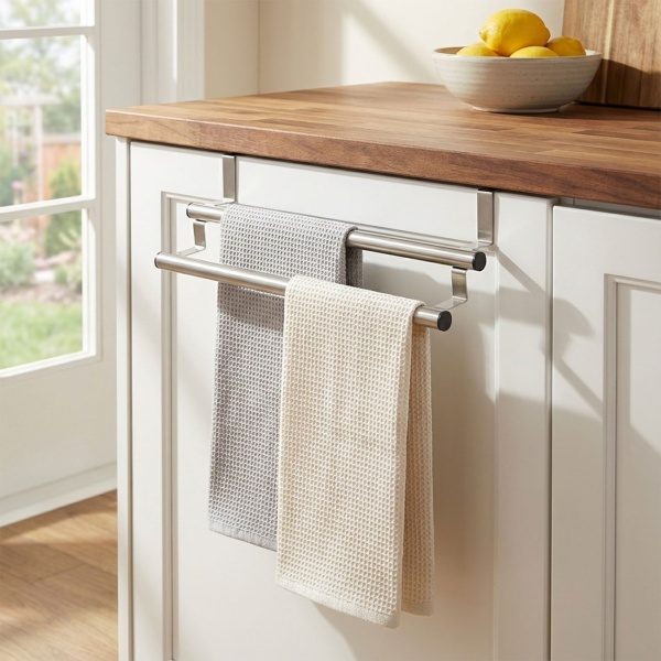 Handtuchhalter Edelstahl ausziehbar 25-40 cm - An Schranktüren ohne Bohren - Kratzschutz - 2 Stangen für Geschirr-, Hand- & Gästetücher - Küche/Bad