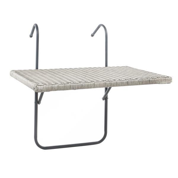 Balkon-Hängetisch 60x40cm Rattan-Optik aus Korbweide - Platzsparend mobil klappbar - Metallgestell Grau - 3-stufig verstellbar für Brüstung bis 7cm