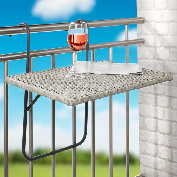 Balkon-Hängetisch 60x40cm Rattan-Optik aus Korbweide - Platzsparend mobil klappbar - Metallgestell Grau - 3-stufig verstellbar für Brüstung bis 7cm