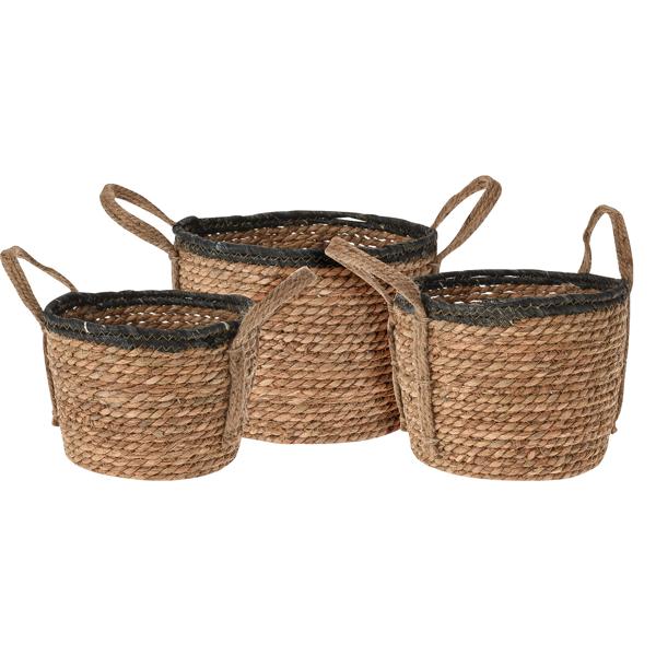 3er-Set Rattan Körbe rund – Vielseitige Aufbewahrungskörbe & Pflanzkörbe mit Henkeln – Braun/Schwarz, Ø 25-33cm, Landhaus-Stil, 130-148 Zeichen