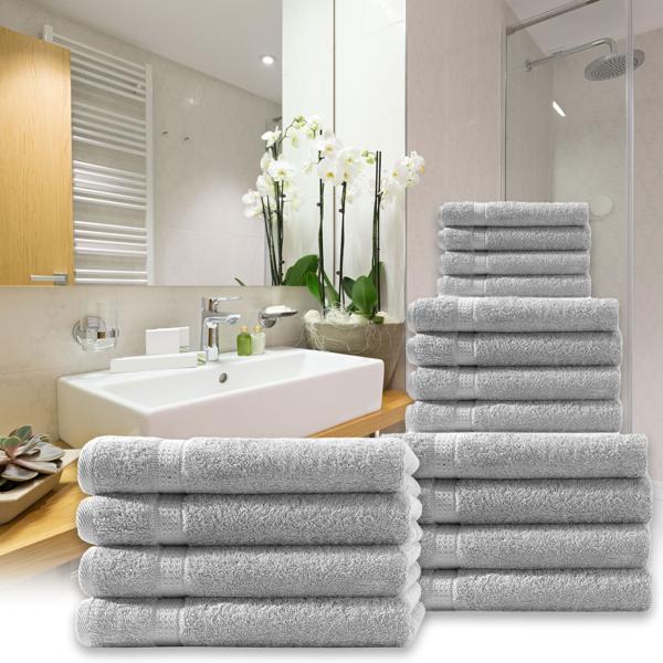 Handtuchset 12-teilig – 4 Gäste-, 4 Hand-, 4 Badetücher – 100% Baumwolle, 500g/m², silber – Kuschelweich, saugstark, schnelltrocknend