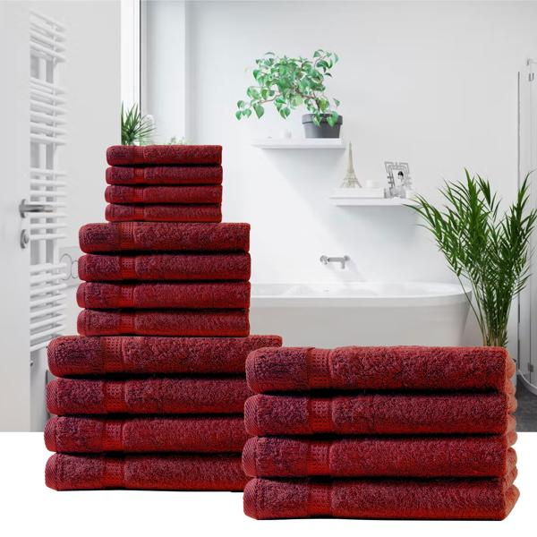 Handtuchset 12-teilig - 4 Gäste-, 4 Hand-, 4 Duschtücher - 100% Baumwolle - Bordeaux - 500g/m² - Kuschelweich, saugstark, pflegeleicht