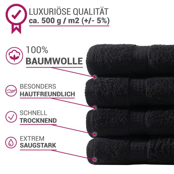 Gästetücher 4er-Set - 100% luxuriöse Baumwolle, flauschig & saugstark, 30x50 cm, mit 2 Bordüren - Schwarz - Maschinenwäsche 60°