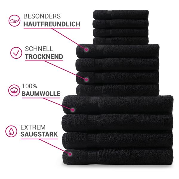 24-teiliges Handtuchset Schwarz - 8x Gäste-, 8x Hand- & 8x Badetücher - 100% Baumwolle, 500 g/m², kuschelweich, saugstark, maschinenwaschbar 60°