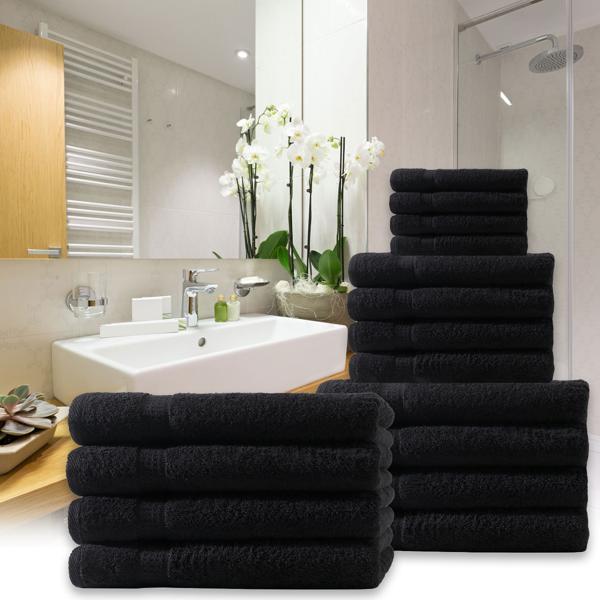 24-teiliges Handtuchset Schwarz - 8x Gäste-, 8x Hand- & 8x Badetücher - 100% Baumwolle, 500 g/m², kuschelweich, saugstark, maschinenwaschbar 60°