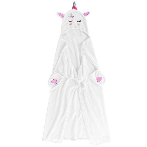 Kinder Einhorn Bademantel aus Flanell - Kuschelweich mit Kapuze im Einhorn-Design & Handschützern - 100% Polyester - 100x120 cm - Waschbar