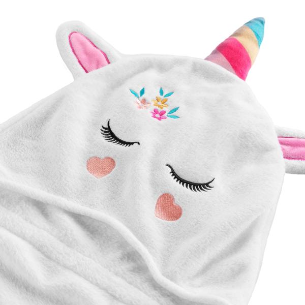 Kinder Einhorn Bademantel aus Flanell - Kuschelweich mit Kapuze im Einhorn-Design & Handschützern - 100% Polyester - 100x120 cm - Waschbar