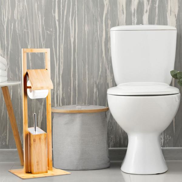 Moderne Bambus WC-Garnitur - Toilettenpapierhalter mit Klobürstenständer - Kein Bohren - Hygienisch, feuchtigkeitsresistent - 82x36x21cm