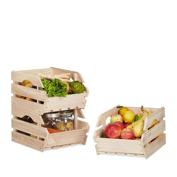 Stapelbare Holz-Lagerkisten 3er-Set - Natur-Oberfläche, Paulowniaholz, braun - je 20x27,5x38cm - Ideal für Gemüse, Obst, Spielzeug, Werkzeug