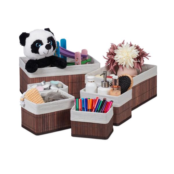 6er-Set Aufbewahrungskörbe aus Bambus - 4 Grössen & Stoffbezug - Braun, stabil, feuchtigkeitsresistent - Ideal für Wohn-, Bad- & Kinderzimmer Deko